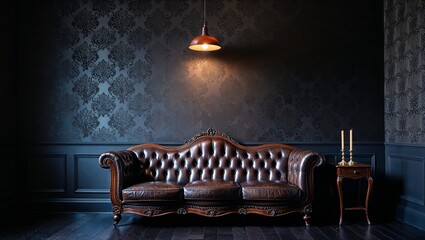 a vintage-style interior setting with a dark, moody ambiance.