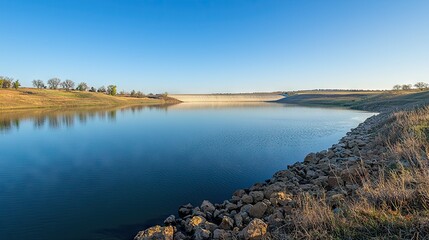 Fototapeta premium A serene lake created by a dam, with calm water reflecting the surrounding landscape