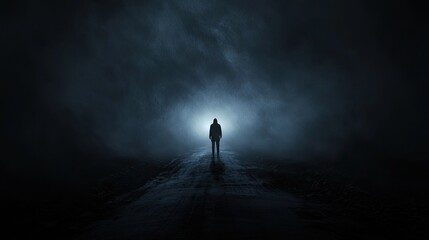 A silhouette of a person standing on a dark, foggy street with only a faint light in the distance