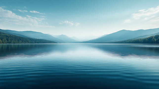 Tranquil lake landscape, anxiety relief, calm waters and serene mountains in blue hues