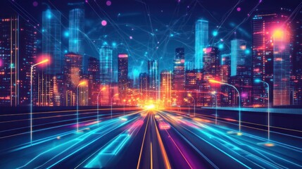 Fototapeta premium A futuristic cityscape with vibrant lights and digital connections over a highway.