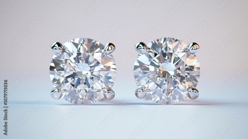 Aufkleber Elegant Close-Up of Two Round Brilliant Cut Diamonds Displayed on a Soft Gradient Background Highlighting Their Sparkling Clarity and Precision Cut Design
