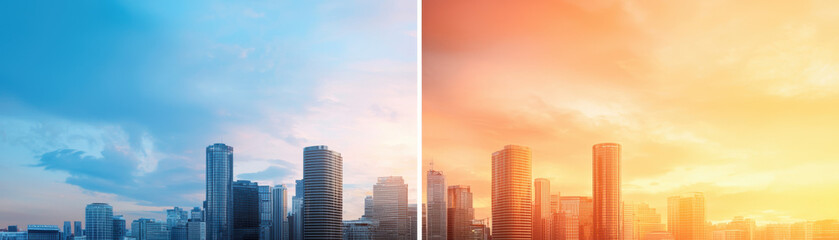Fototapeta premium Globalization Trade War Concept. A stunning split image showcasing a city skyline under blue skies on one side and a warm, orange sunset on the other.