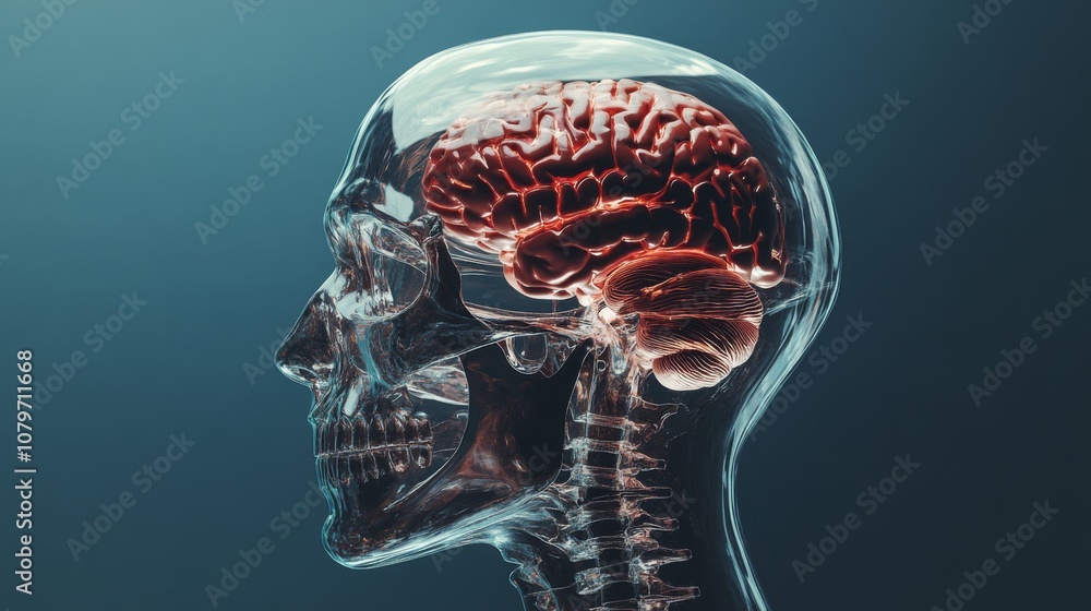 Poster Transparent human skull with a detailed view of the brain highlighting neural connections in a modern and artistic scientific representation on a dark background