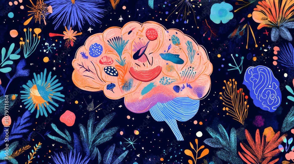 Poster colorful and whimsical illustration of a brain surrounded by vibrant flora and abstract elements, sy
