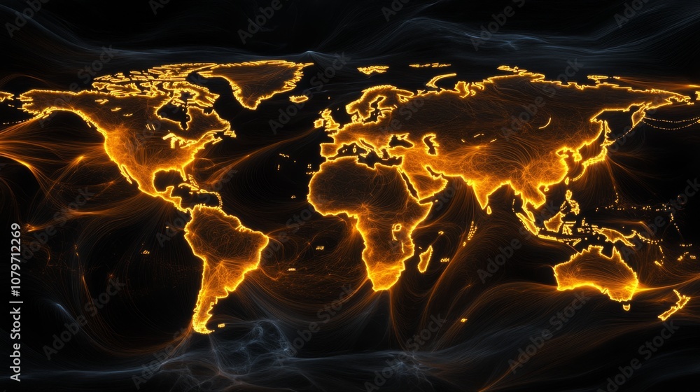 Poster illuminated world map with fiery orange lines on a dark background, symbolizing global connectivity 