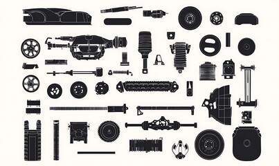 Silhouettes of auto parts on white background