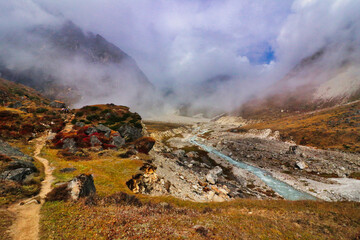The trekking route to Mera Peak follows the path of the Hinku River or Ingu Khola that flows from the Mera glacier seen here near the village of Thaknag in the scenic Makalu Barun sanctuary 
