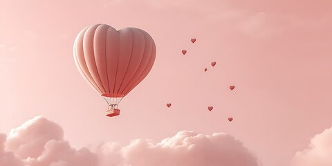 Obraz premium 3D heart-shaped hot air balloon with small hearts flying in the sky against a pink background, in a minimalistic style, cute and dreamy