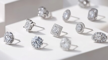 Elegant Display of Various Diamond Stud Earrings on a Minimalist White Background Showcasing Sparkling Jewels and Unique Designs for Luxurious Styling