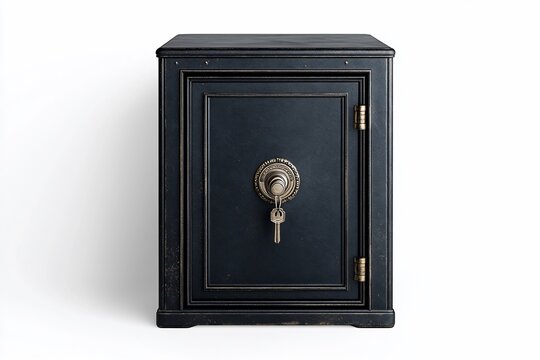 A black safe with a brass handle and keys, isolated on a white background.