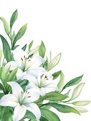Elegant White Lilies with Lush Green Foliage in a Beautiful Watercolor Style Perfect for Floral Designs, Invitations, and Home Decor Projects