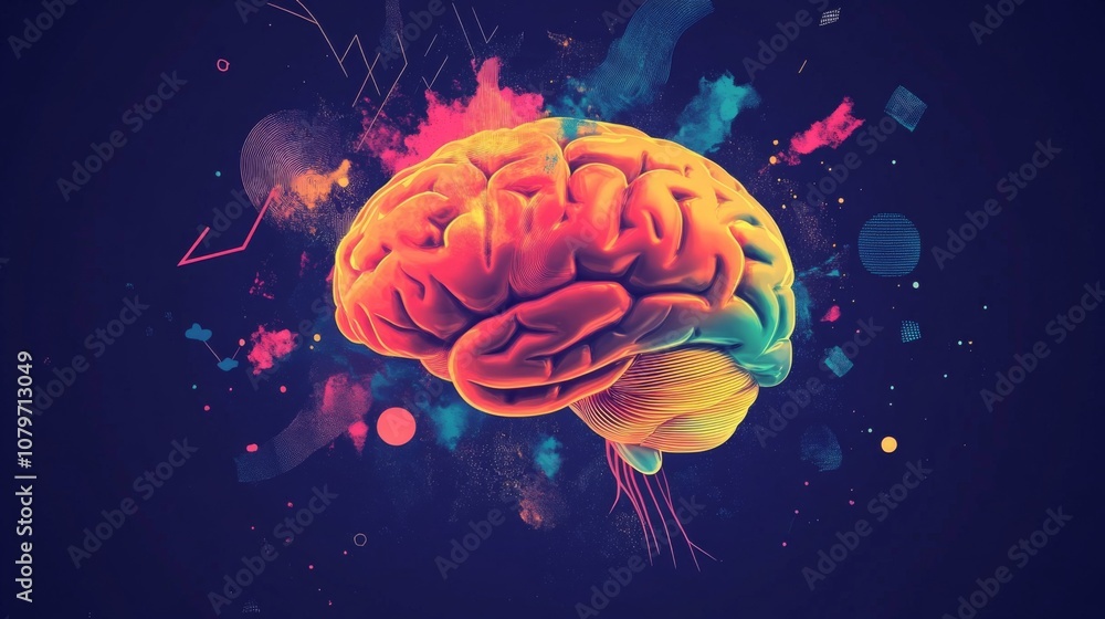 Poster Colorful Artistic Depiction of a Human Brain Surrounded by Abstract Shapes and Vibrant Colors Representing Creativity, Knowledge, and Imagination in a Conceptual Design
