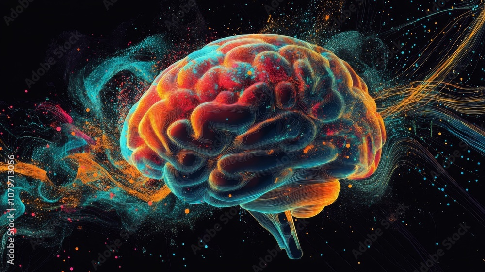 Fototapete vibrant abstract representation of a brain with colorful swirls and particles in a dark background, 