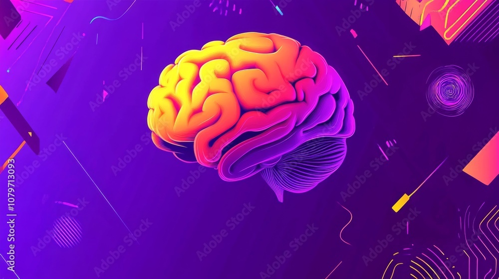 Poster vibrant and abstract brain illustration with neon yellow and purple colors set against a dynamic geo