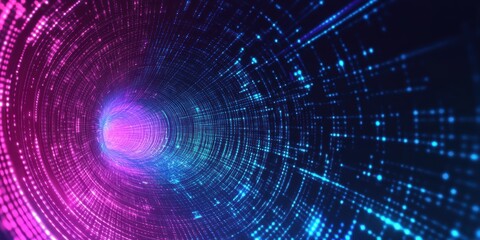 Obraz premium Abstract Digital Tunnel with Glowing Particles in Shades of Blue and Purple, Representing High-Tech Connections and Data Flowing in a Futuristic Environment