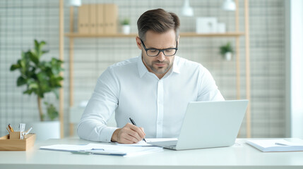 Fototapeta premium Modern office worker at a clean, organized desk, using a laptop and taking notes.
