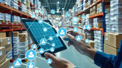 Connected Supply Chain: A worker in a warehouse uses a tablet to manage a network of connections, showcasing the digital transformation of logistics and supply chain management.   - Powered by Adobe