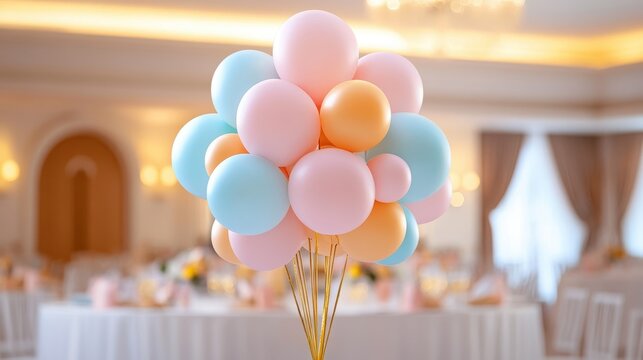 Elegant pastel balloons arranged beautifully in a bright, luxurious venue setting, perfect for parties and celebrations.
