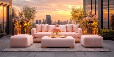 Elegant rooftop lounge setup with a pink sofa and sunset cityscape. Perfect for outdoor relaxation and stylish gatherings.