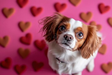 cute dog on an isolated background in a studio shot of a valentines day heart theme with generative ai