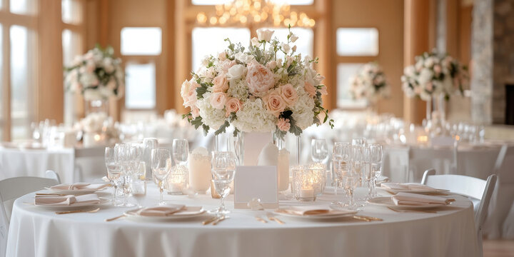 Elegant wedding reception table setup with floral centerpiece, fine china, and glassware in a warmly lit banquet hall.