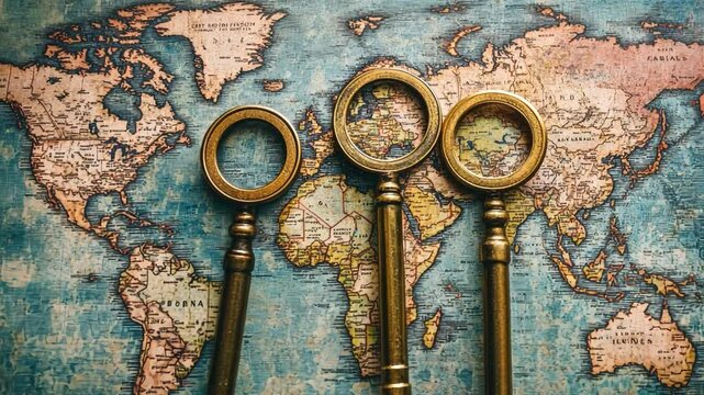 Unlocking the World: Three antique keys lie atop a vintage world map, hinting at the endless possibilities of exploration and discovery.  