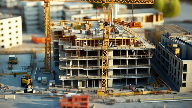 Urban Development Miniature: A detailed model of a modern city under construction, showcasing intricate building frameworks, cranes, and miniature vehicles.