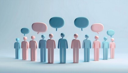 The image features stylized figures in blue and pink, representing a discussion environment with speech bubbles above them, symbolizing communication and dialogue.
