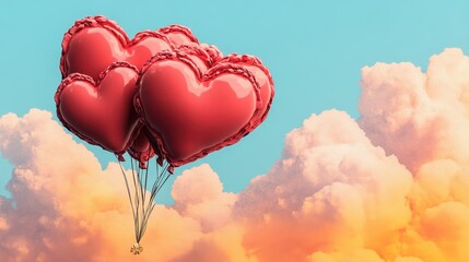 Fototapeta premium Heart-shaped balloons floating against a vibrant sky with fluffy clouds, capturing a sense of love and freedom.