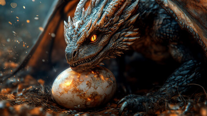 Majestic dragon guarding a glowing egg in a mystical setting