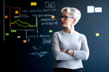 A thoughtful professional stands with arms crossed in front of a blackboard filled with charts, graphs, and notes, suggesting a collaborative and analytical environment.