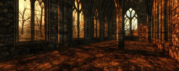 Fototapeta premium An abandoned stone structure with arched windows and a warm, atmospheric light.