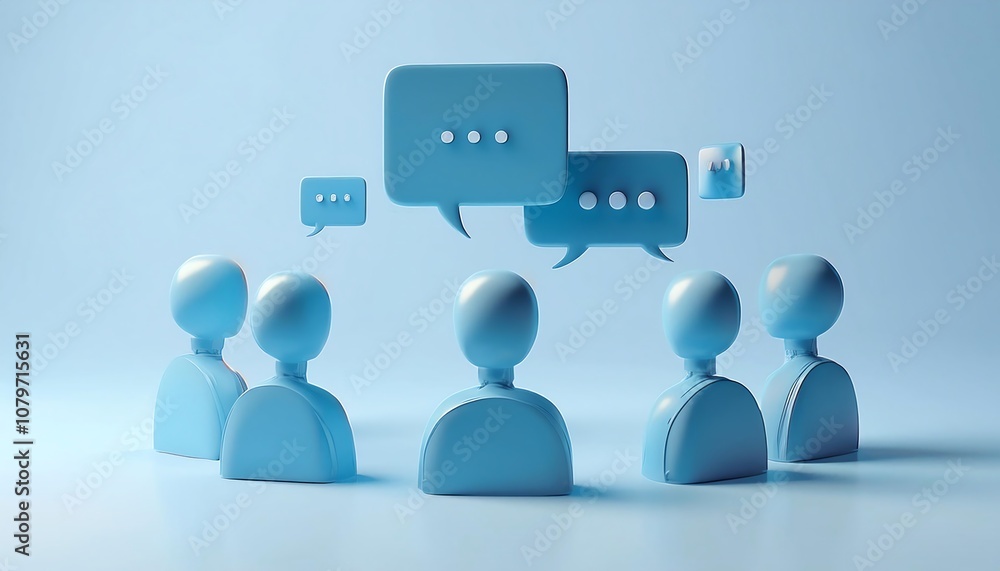 Poster a group of stylized figures in blue, surrounded by speech bubbles, symbolizing communication and int