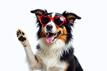 Fototapeta premium cheerful black and white dog on plain white background and wearing red heart-shaped sunglasses, scene-fun and dog-enthusiastic