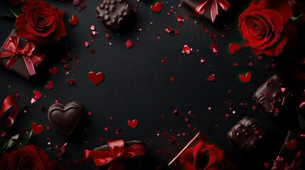 Graceful Valentine's Arrangement. Overhead shot featuring chocolate candy, gift boxes with elegant bows, red roses, confetti on refined black background, with generative ai