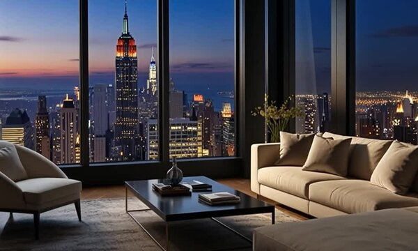 Luxurious lounge in the apartment with large windows and views of the New York skyline at night