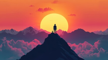 Silhouette of a Man on a Mountain Peak at Sunset