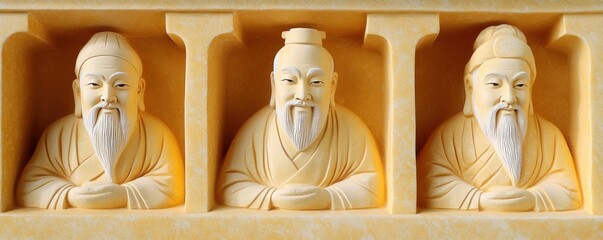 Three intricately carved figures, possibly representing wise men or sages, in a decorative panel.