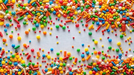 A colorful assortment of sprinkles and candy beads, arranged in a border around a white background, creating a vibrant and festive design.