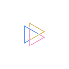 A minimalist logo design featuring three overlapping triangles in blue, gold, and pink colors