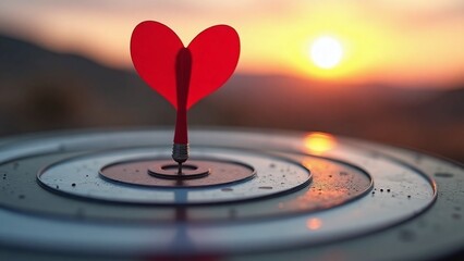 Fototapeta premium Red dart in bullseye on dartboard with sunset background