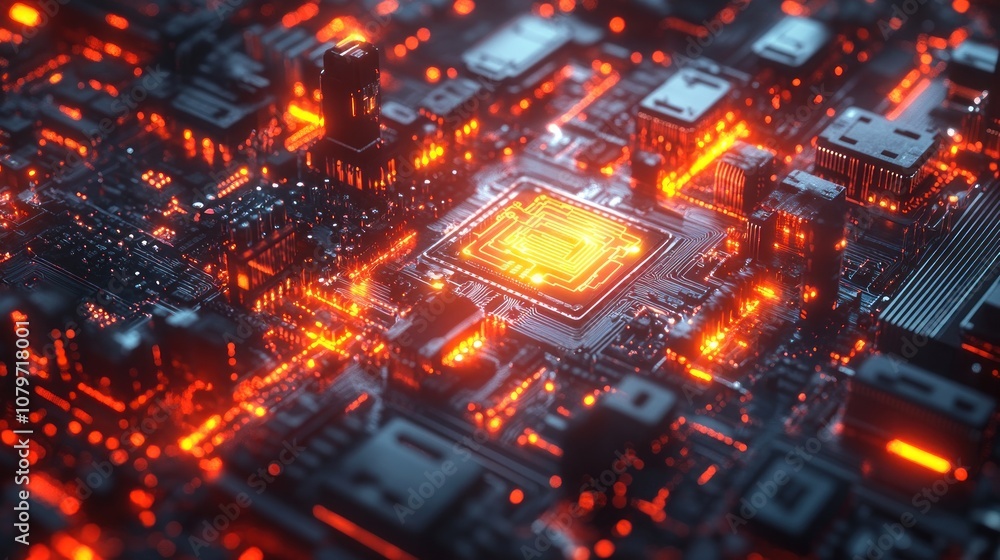 Poster abstract representation of a glowing circuit board with a central chip.