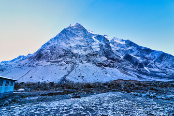 West face of Mera Peak and the North summit towers over the small village of Thaknag seen during...