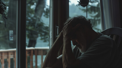Middle-aged man sitting alone in a quiet room, holding his head with one hand, looking stressed and concerned. Emotional state of solitude and introspection.