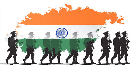 A row of soldiers marches in front of the Indian flag.