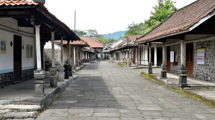 A quiet street lined with traditional houses, showcasing cultural architecture and heritage.
