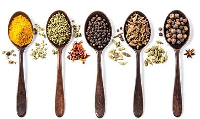  Set of indian spices in spoons, isolated