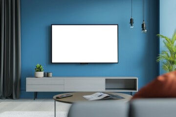 A smart TV mounted on a minimalist living room wall, displaying a vivid streaming service interface, with a remote control on the coffee table