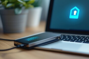 A slim external hard drive connected to a laptop, transferring data at high speed, with the laptop's screen displaying a progress bar